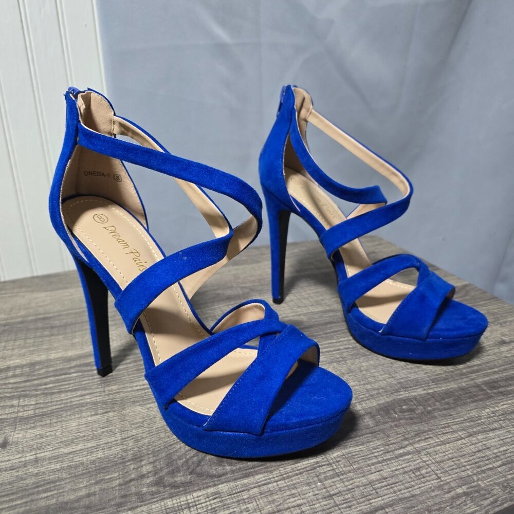 DREAM PAIRS Womens Open Toe High Heel Sandals Dress Shoes Suede Blue Pumps - Sz8 - Picture 3 of 5